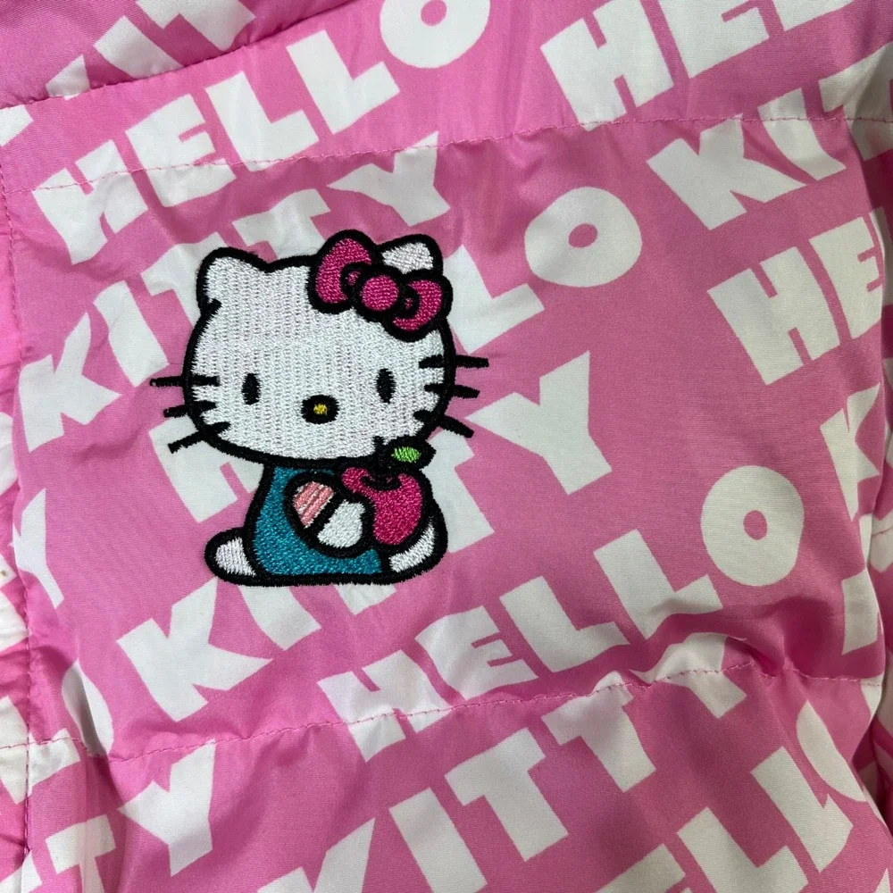 SHEIN x Hello Kitty Pink Puffer‎ Jacket Cropped Full Zip Embroidered Kids Size L